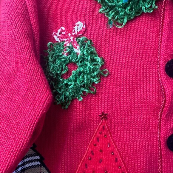Just B Christmas‎ Cardigan Sweater size L Embroidered Beaded Trees Red Ramie - Picture 3 of 5